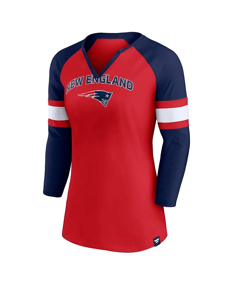 Women's Fanatics Red, Navy New England Patriots Arch Raglan 3/4-Sleeve Notch Neck T-shirt