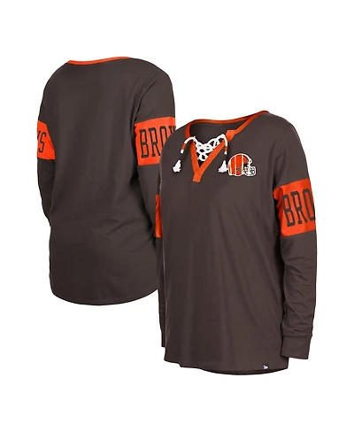 Women's New Era Brown Cleveland Browns Lace-Up Notch Neck Long Sleeve T-shirt