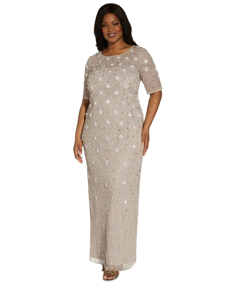 Adrianna Papell Plus Size 3D Floral Embellished Gown
