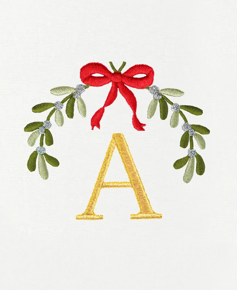 Linum Home Christmas Mistletoe Monogram White Embroidered Luxury Turkish Cotton Hand Towels, 2 Piece Set