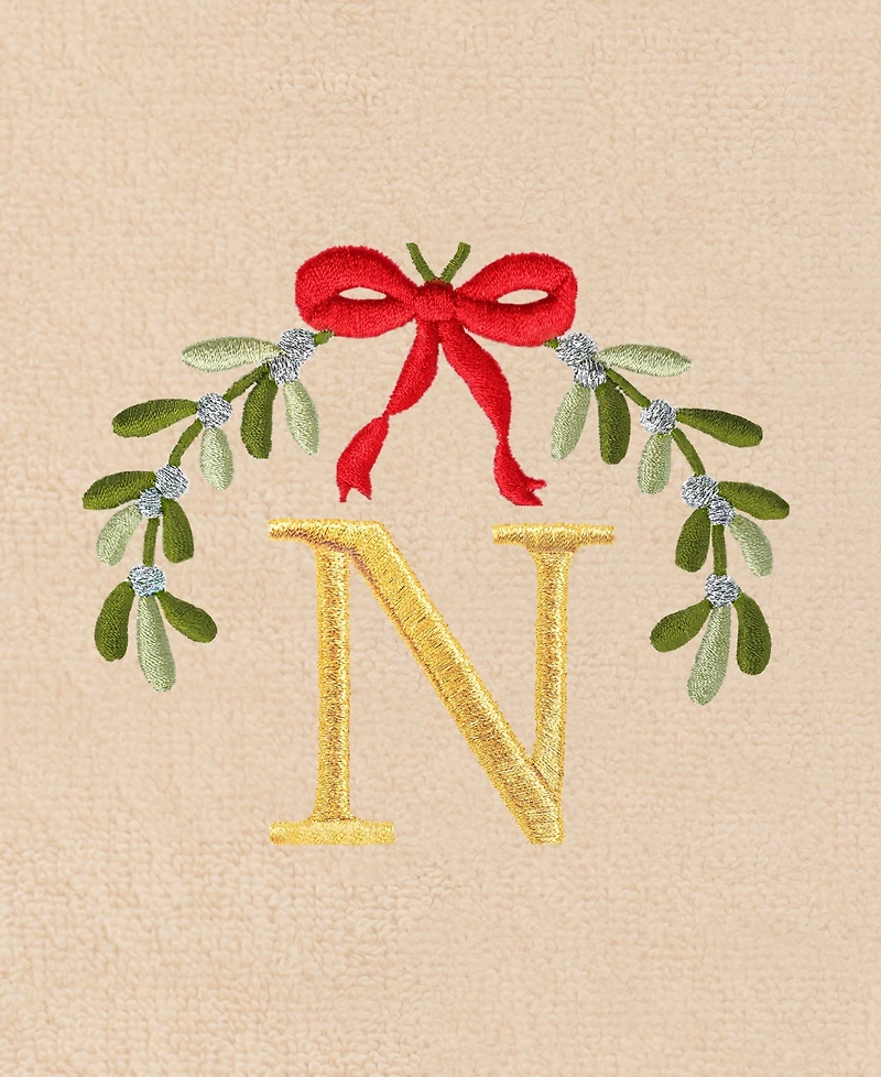 Linum Home Christmas Mistletoe Monogram Beige Embroidered Luxury Turkish Cotton Hand Towels, 2 Piece Set