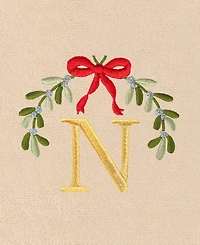 Linum Home Christmas Mistletoe Monogram Beige Embroidered Luxury Turkish Cotton Hand Towels, 2 Piece Set
