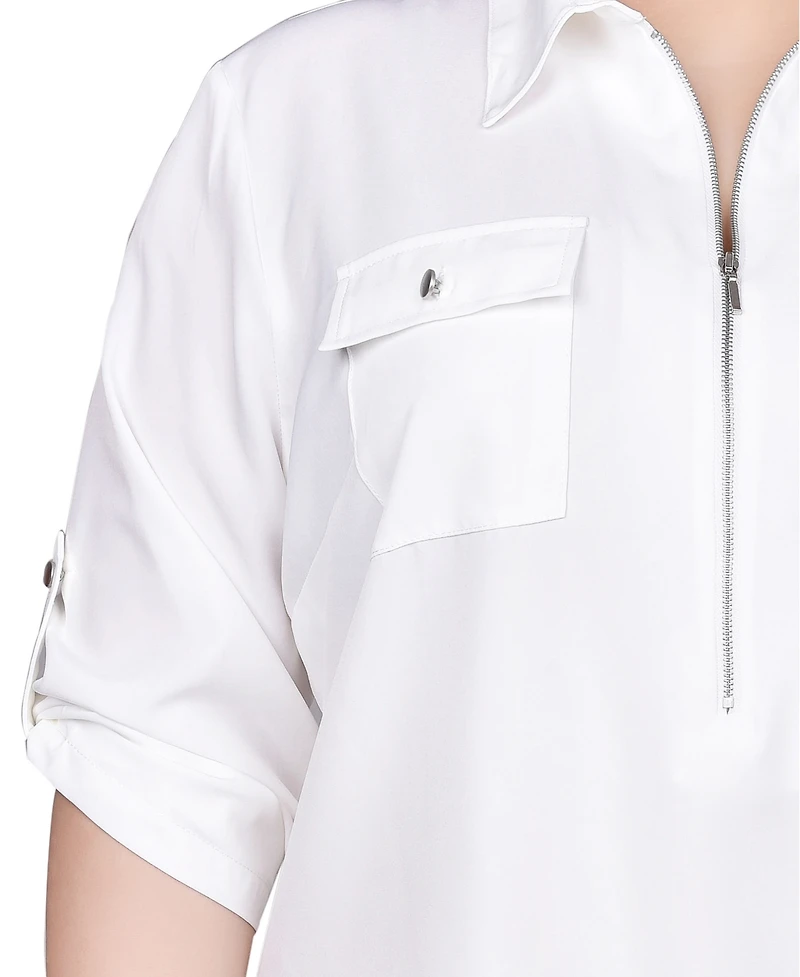 Ny Collection Plus 3/4 Roll Tab Sleeve Zip Front Top