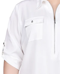 Ny Collection Plus 3/4 Roll Tab Sleeve Zip Front Top