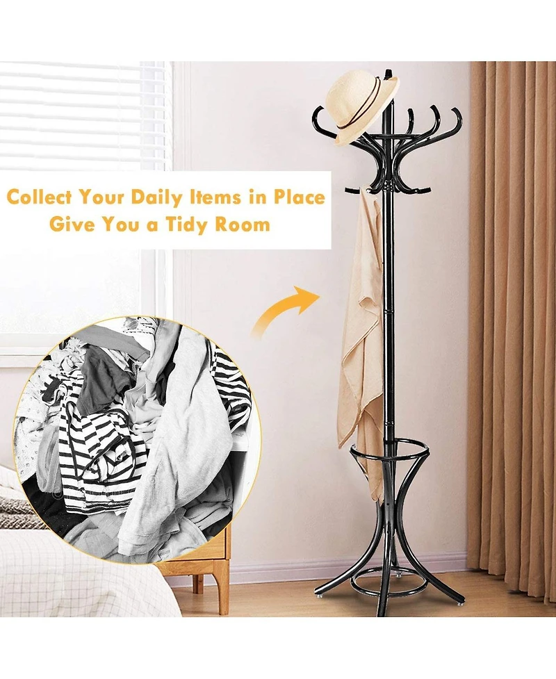 Wood Standing Hat Coat Rack with Umbrella Stand