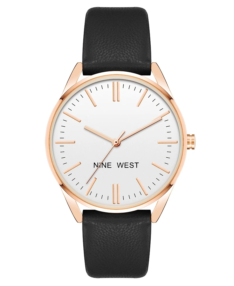 Nine West Women's Quartz Black Faux Leather Band Watch