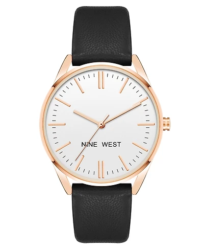 Nine West Women's Quartz Black Faux Leather Band Watch