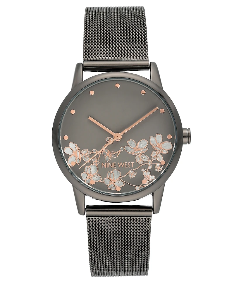 Nine West Women's Quartz Dark Gray Stainless Steel Mesh Band and Flower Pattern Watch, 35mm