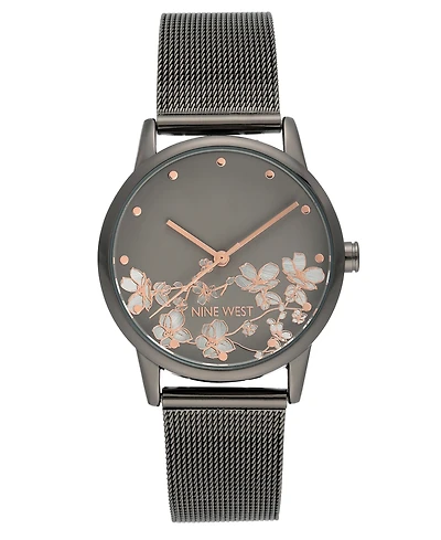 Nine West Women's Quartz Dark Gray Stainless Steel Mesh Band and Flower Pattern Watch, 35mm
