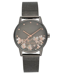 Nine West Women's Quartz Dark Gray Stainless Steel Mesh Band and Flower Pattern Watch, 35mm