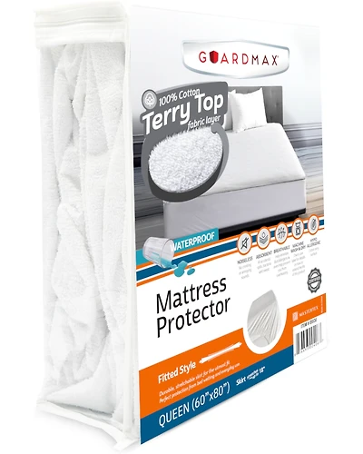 Guardmax Queen Mattress Protector Fitted Sheet by Guardmax. Terry Cotton Waterproof Mattress Protector- Soft & Comfortable Mattress Cover with 15 Inch