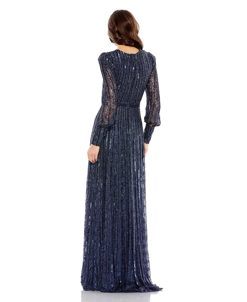 Mac Duggal Women's Beaded Lace Long Sleeve Wrap Over Gown