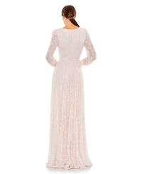 Mac Duggal Women's Beaded Lace Long Sleeve Wrap Over Gown