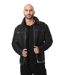 Furniq Uk Men's Leather Banded Sheepskin Casual Jacket, Washed Black with Black Wool