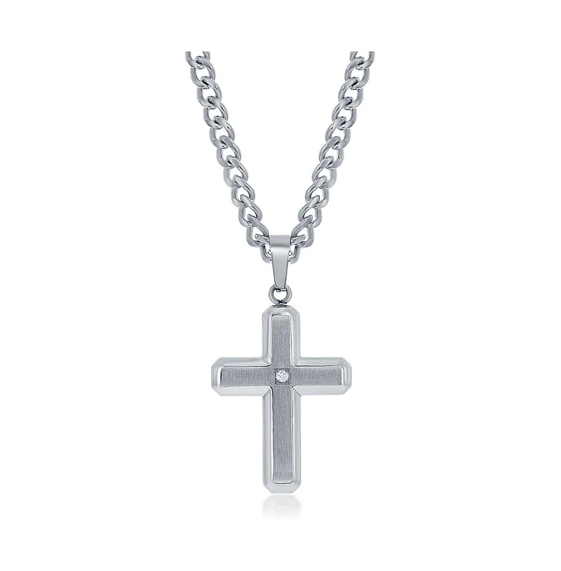 Stainless Steel Brushed & Polished w/ Single Cz Cross Necklace