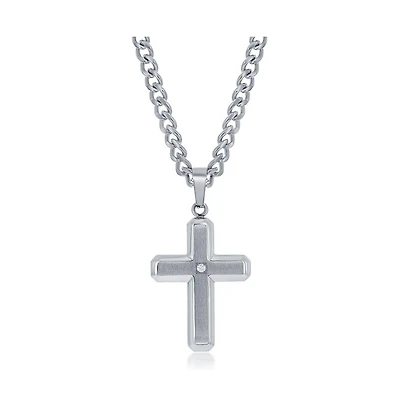 Stainless Steel Brushed & Polished w/ Single Cz Cross Necklace