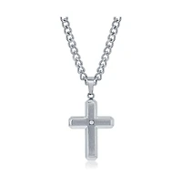 Stainless Steel Brushed & Polished w/ Single Cz Cross Necklace