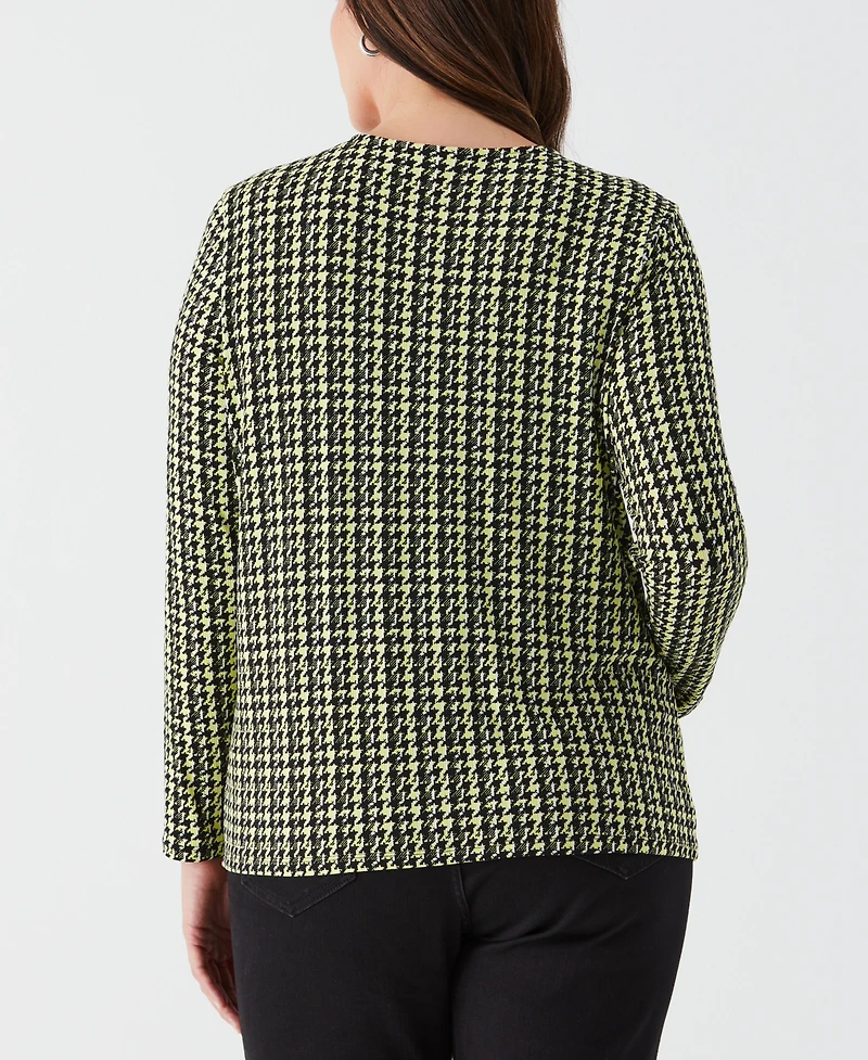 Ella Rafaella Plus Houndstooth Print Asymmetric Neck Long Sleeve Top