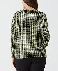 Ella Rafaella Plus Houndstooth Print Asymmetric Neck Long Sleeve Top