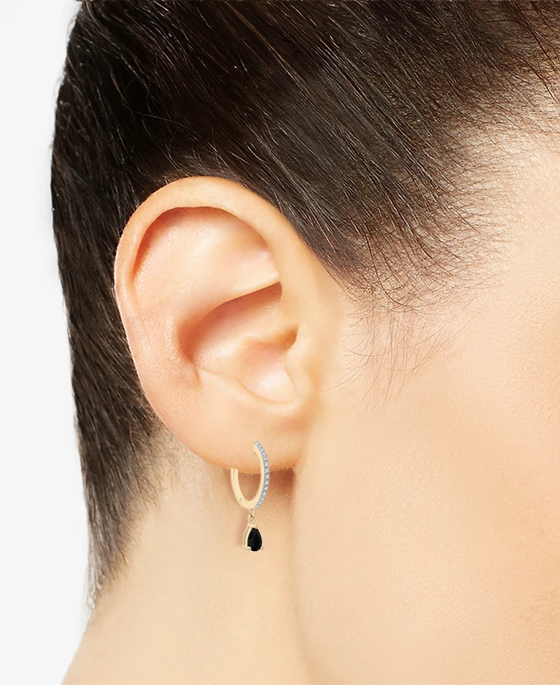 Black Sapphire (1/2 ct. t.w.) & Diamond (1/10 ct. t,w.) Dangle Hoop Earrings in 14k Gold-Plated Sterling Silver