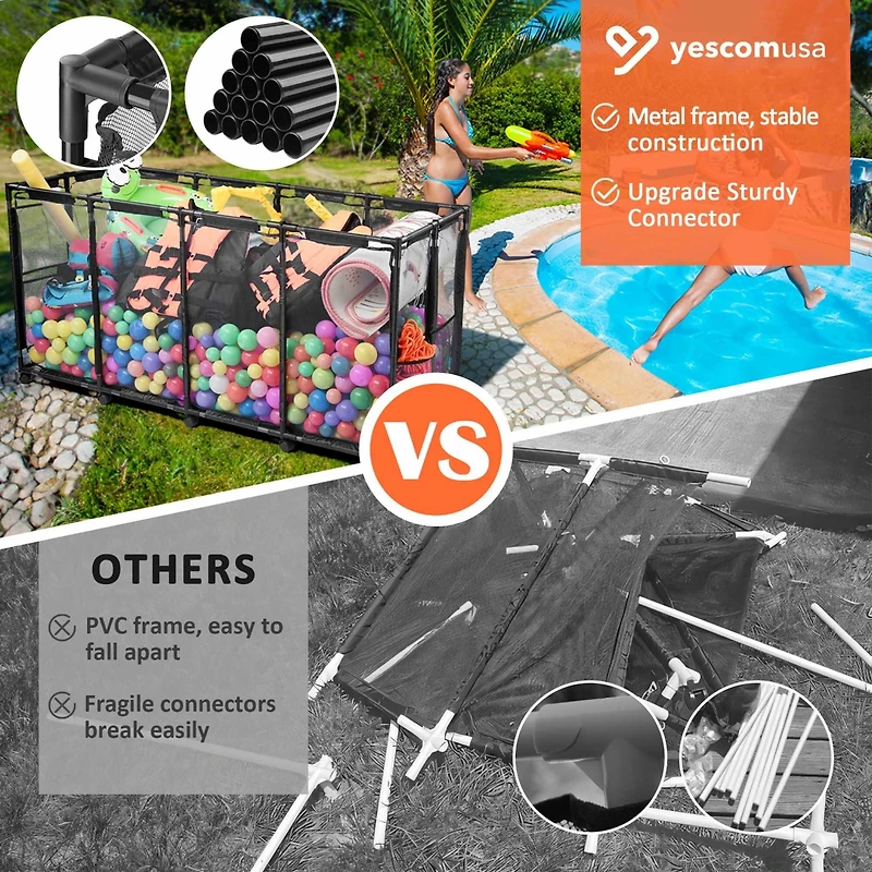Yescom Metal Frame Extra Large 12 Wheels Rolling Mesh Pool Storage Bin 65"x 30"x 33" Pool Toy Floats Storage Organizer for Public Pools