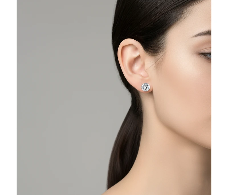 Sterling Silver with 1ctw Round Lab Created Moissanite Modern Bezel Stud Earrings