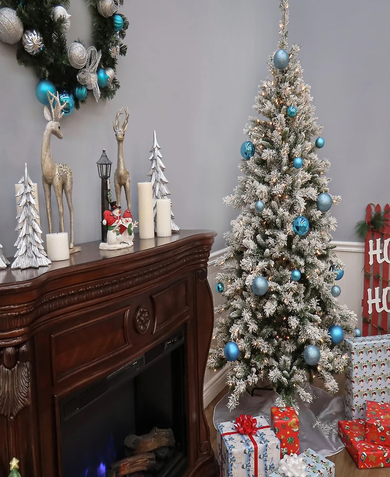 National Tree 7.5' Snowy Mountain Pine Slim Hinged Tree with 500 Clear Lights