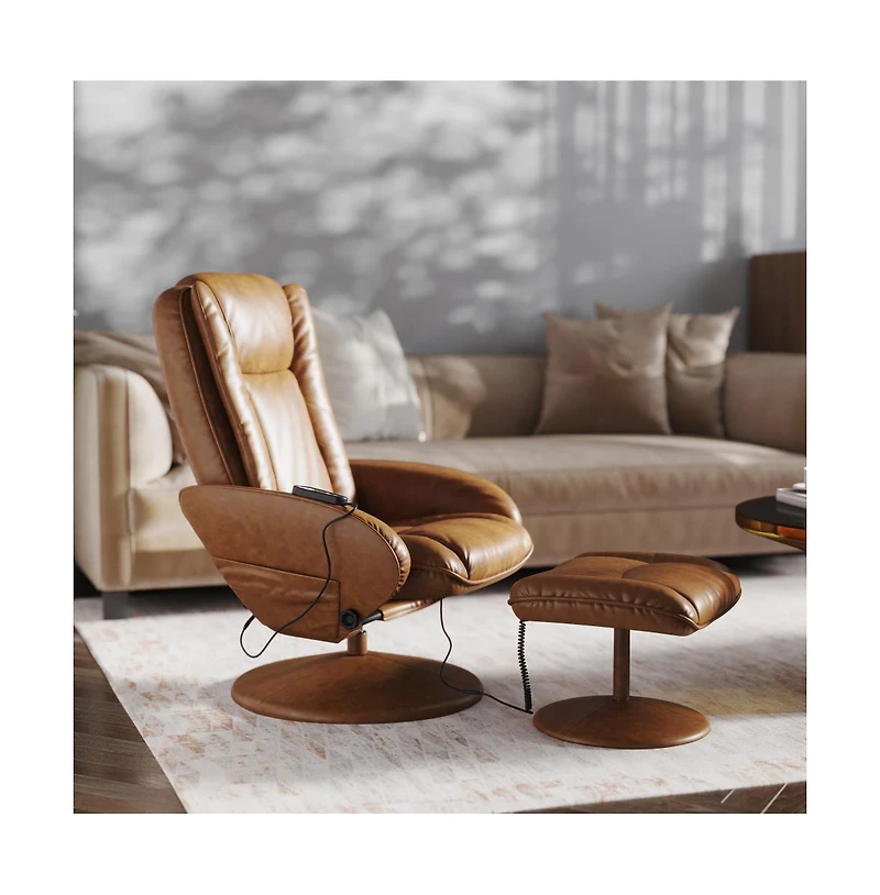 Massaging Multi-Position Plush Recliner Chair With Side Pocket And Ottoman