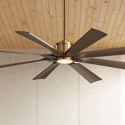 60" Possini Euro Design Defender Modern Indoor Outdoor Ceiling Fan with Dimmable Led Light Remote Control Soft Brass Oak Damp Rated for Patio Ext