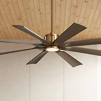 60" Possini Euro Design Defender Modern Indoor Outdoor Ceiling Fan with Dimmable Led Light Remote Control Soft Brass Oak Damp Rated for Patio Ext