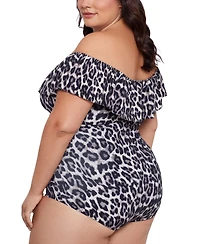 Swim Solutions Plus Cheetah-Print Off-The-Shoulder One piece Swimsuit, Created for Macy's