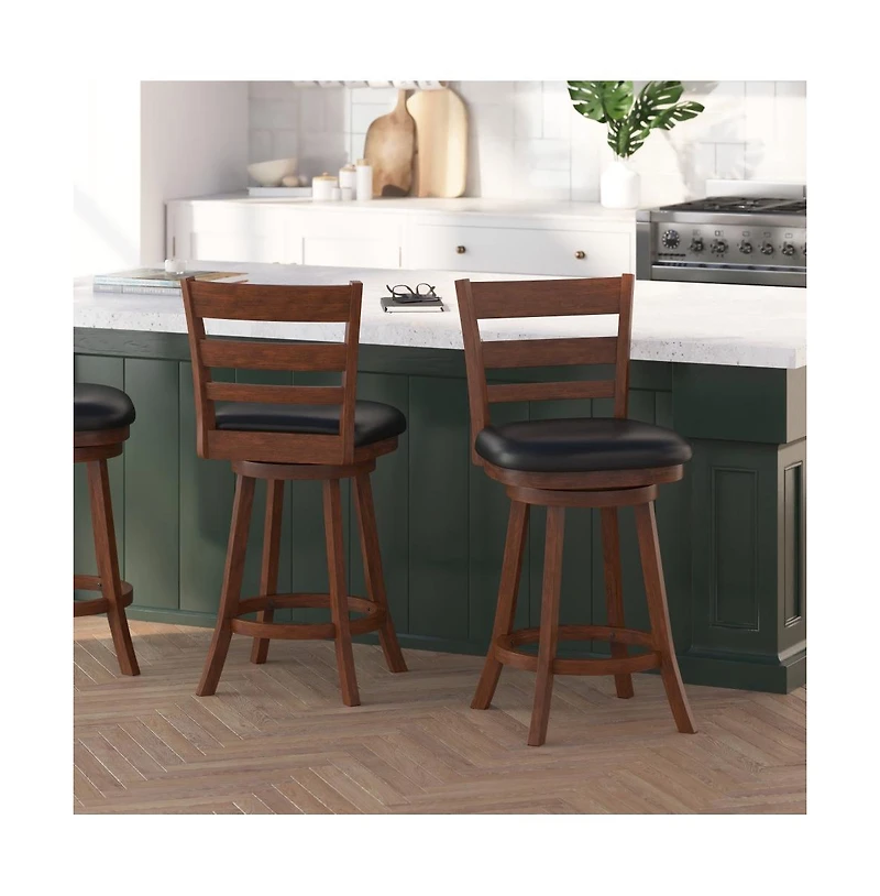 Silla 24" Classic Wooden Ladderback Swivel Counter Height Stool With Upholstered Padded Seat And Integrated Footrest