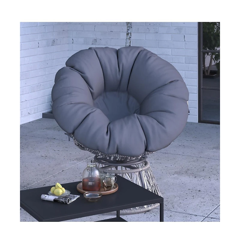 Papasan Style Woven Wicker Swivel Patio Chair With Removable All-Weather Cushion
