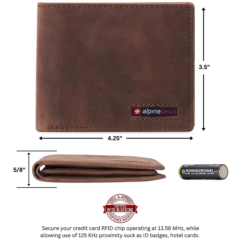 Alpine Swiss Mens Genuine Leather Rfid Safe Bifold Wallet Passcase 2 Id Windows