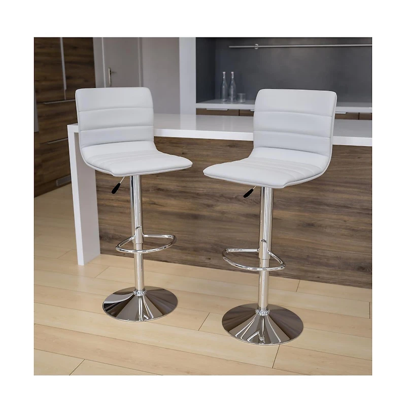 Modern Vinyl Adjustable Height Barstool With Horizontal Stitch Back, Set Of 2