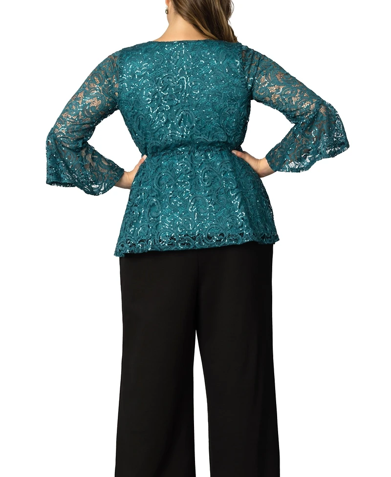 Women's Plus Sequin Sparkle Bell Sleeve Lace Top
