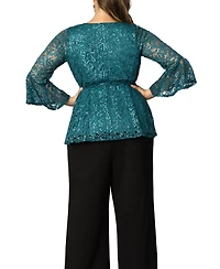 Women's Plus Sequin Sparkle Bell Sleeve Lace Top