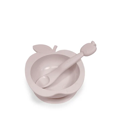 Kushies Silicone Suction Bowl and Spoon Set, Unbreakable, Microwave Safe, Pink Apple