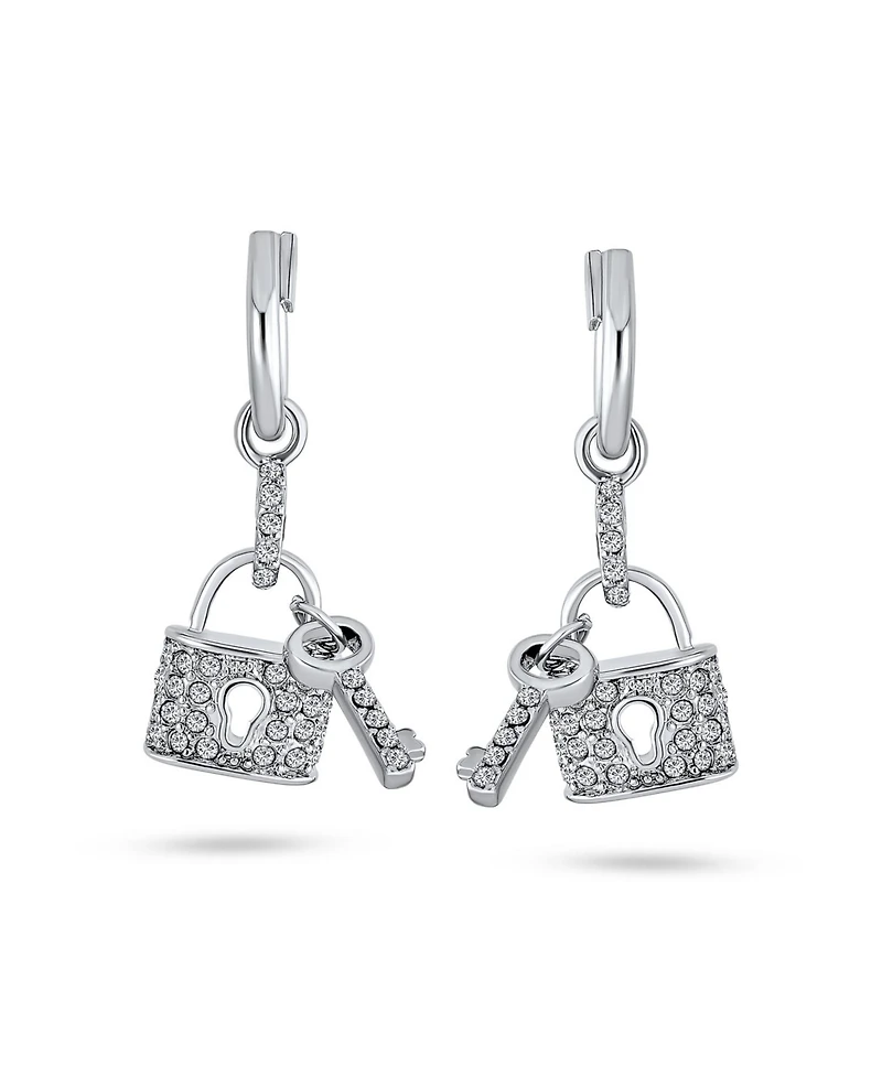 Bling Jewelry Pave Crystal Lock And Key Charm Dangle Earrings Couples Rhodium Plated Brass