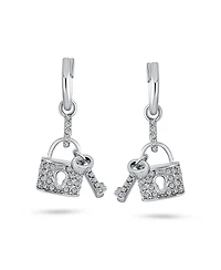 Bling Jewelry Pave Crystal Lock And Key Charm Dangle Earrings Couples Rhodium Plated Brass