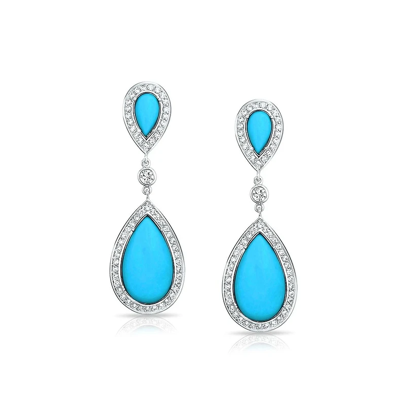 Bling Jewelry Aqua Blue Pear Shaped Cz Halo Statement Dangle Chandelier Teardrop Earrings Rhodium Plated Brass
