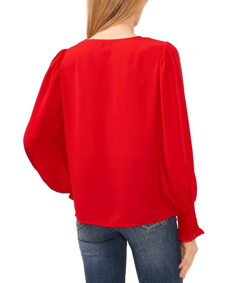 CeCe Women's Long-Sleeve Smocked-Cuff V-Neck Blouse