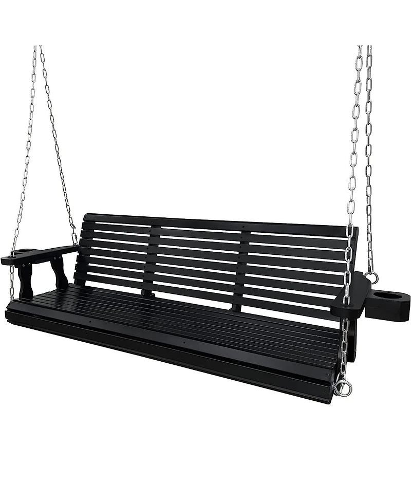 Wooden Porch Swing 3-Seater, Bench with Cupholders, Hanging Chains and 7mm Springs, Heavy Duty 800 Lbs, for Outdoor Patio Garden Yard