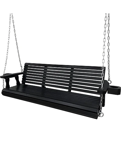 Wooden Porch Swing 3-Seater, Bench with Cupholders, Hanging Chains and 7mm Springs, Heavy Duty 800 Lbs, for Outdoor Patio Garden Yard