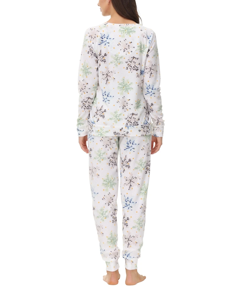Ink+Ivy Women's Printed Microfleece V-neck Long Sleeve Top with Jogger 2 Pc Pajama Set