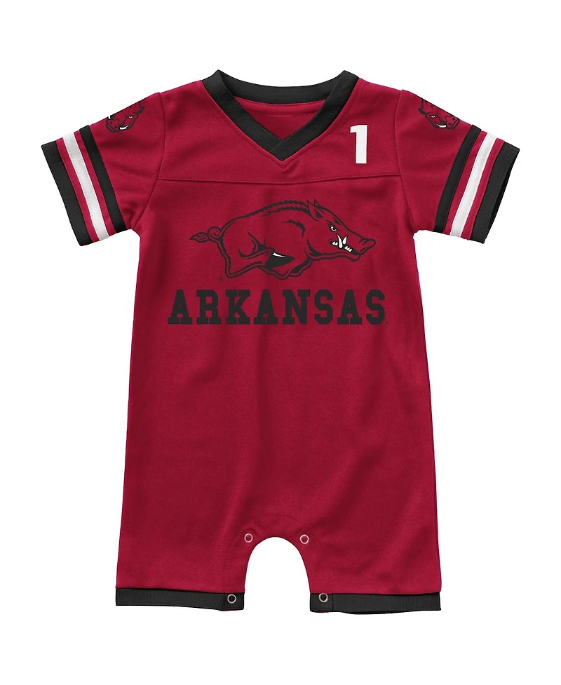 Newborn and Infant Boys and Girls Colosseum Cardinal Arkansas Razorbacks Bumpo Football Logo Romper