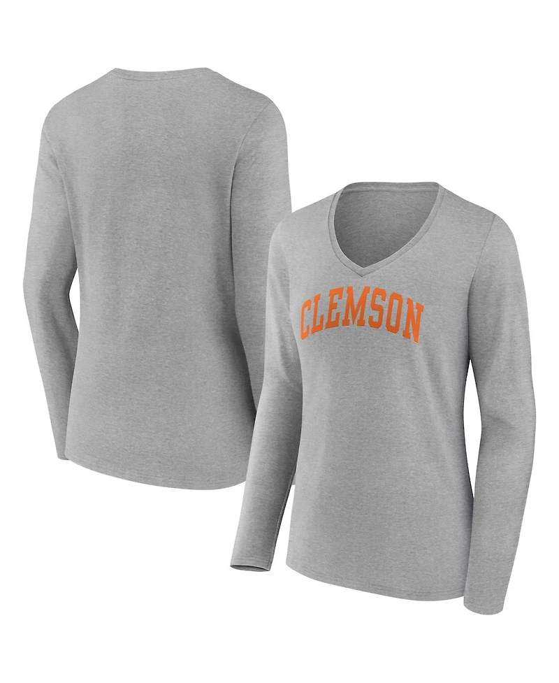 Women's Fanatics Heather Gray Clemson Tigers Basic Arch Long Sleeve V-Neck T-shirt