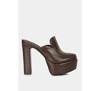 Bauhaus Womens Croc Pattern Heeled Platform Mules