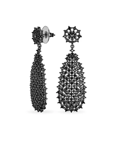 Bling Jewelry Formal Holiday Party Fashion Statement Black Crystal Dangle Linear Drop Teardrop Chandelier Earrings Prom Black Plated 2" Long