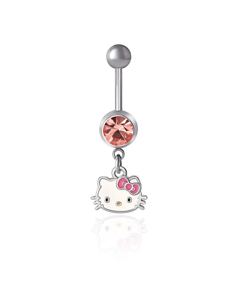 Sanrio Hello Kitty Authentic Officially Licensed Womens 14G Stainless Steel Light Rose Crystal Belly Button Ring - Hello Kitty Face